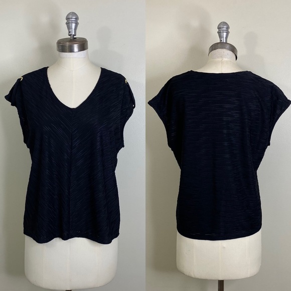 TANJAY PETITE MEDIUM CHIC VNECK TOP WITH GOLD SHOULDER GROMMETS LOOP DESIGN - Picture 3 of 14